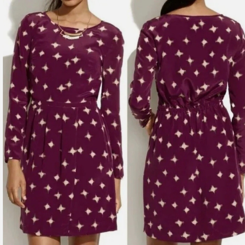 Madewell Size 4 Silk Round Neck Cinched Waist Purple Star Wrap Tulip Hem Dress